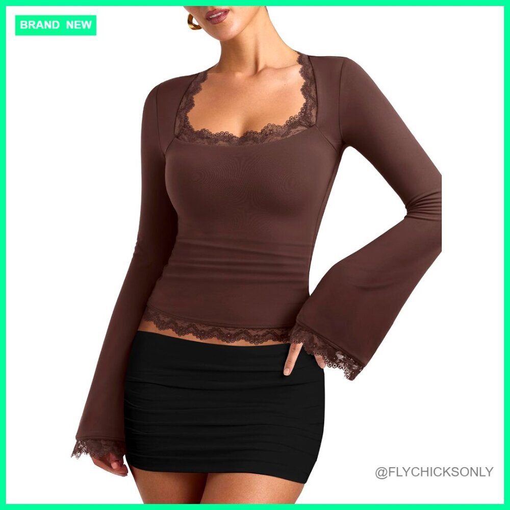 Slim Fit Square Neck Lace Trim Bell Sleeve Top Double Lined Not See Through